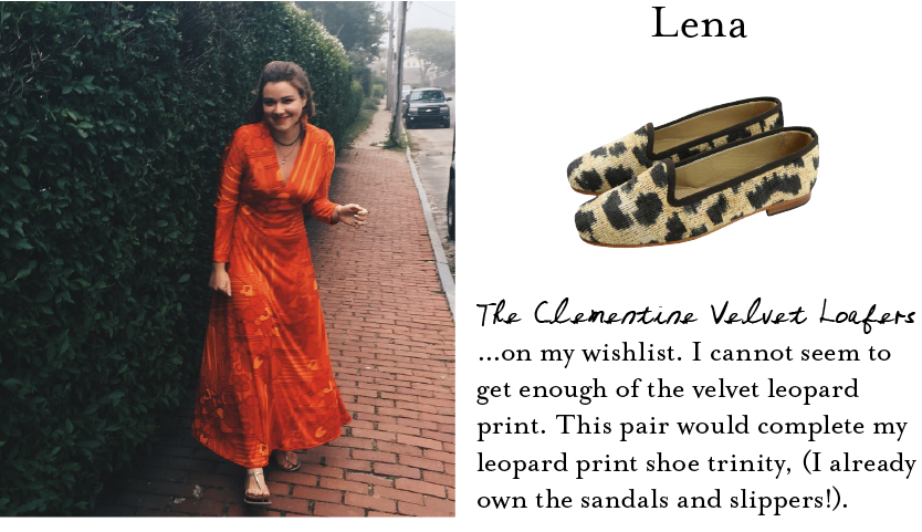 On lena's wishlist, the clementine velvet loafers, "on my wishlist- Artemis Velvet Slippers are the most comfortable shoes I have ever worn. I will never own too many pairs of them!"