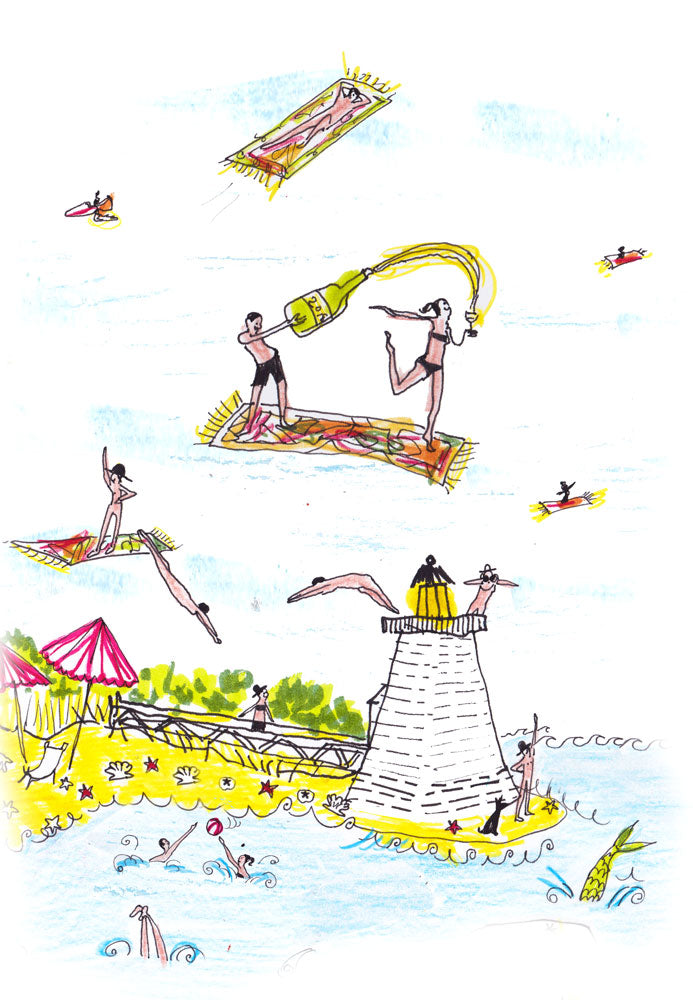 illustration of kilim carpets flying over nantucket island