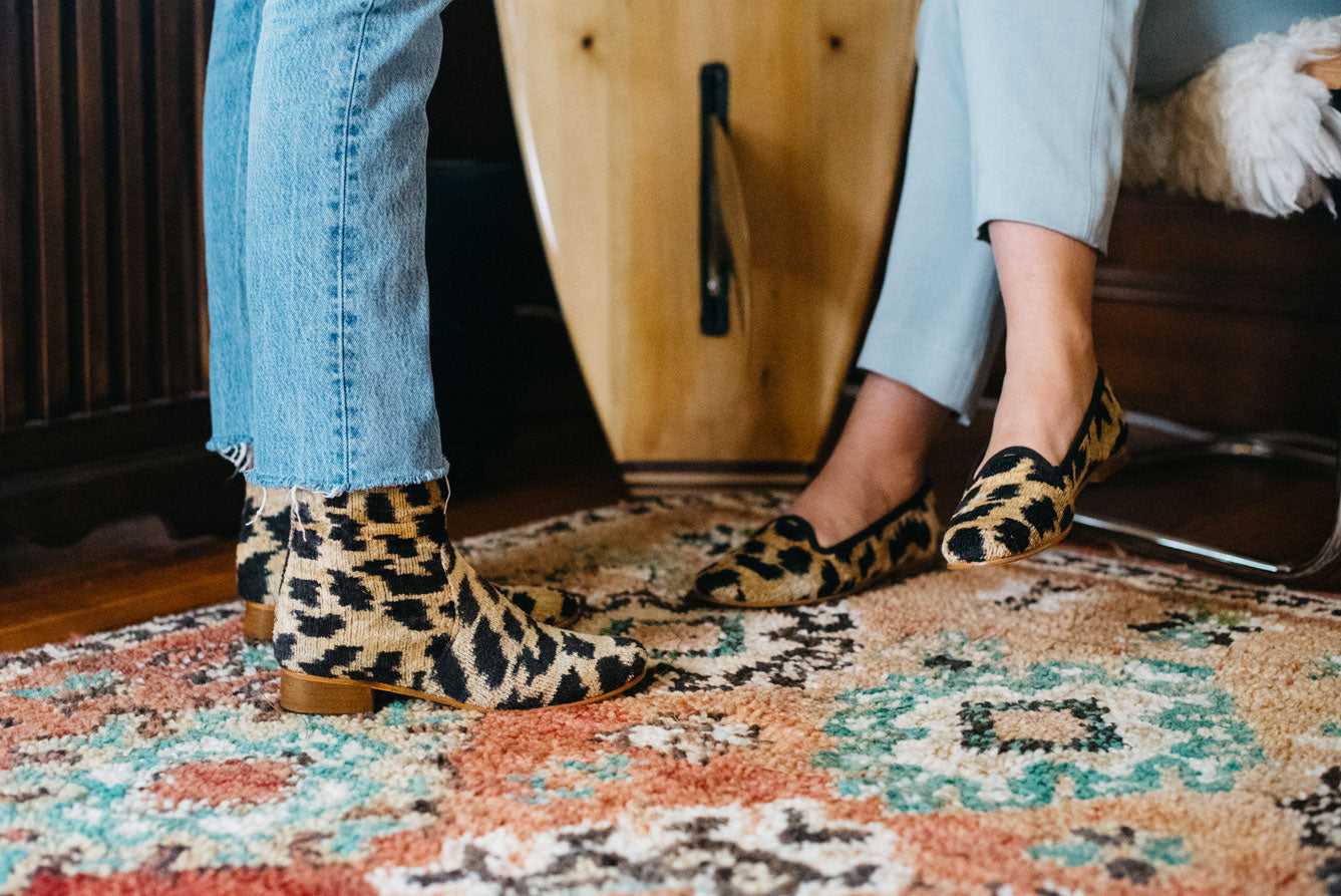 leopard print velvet boots and loafers