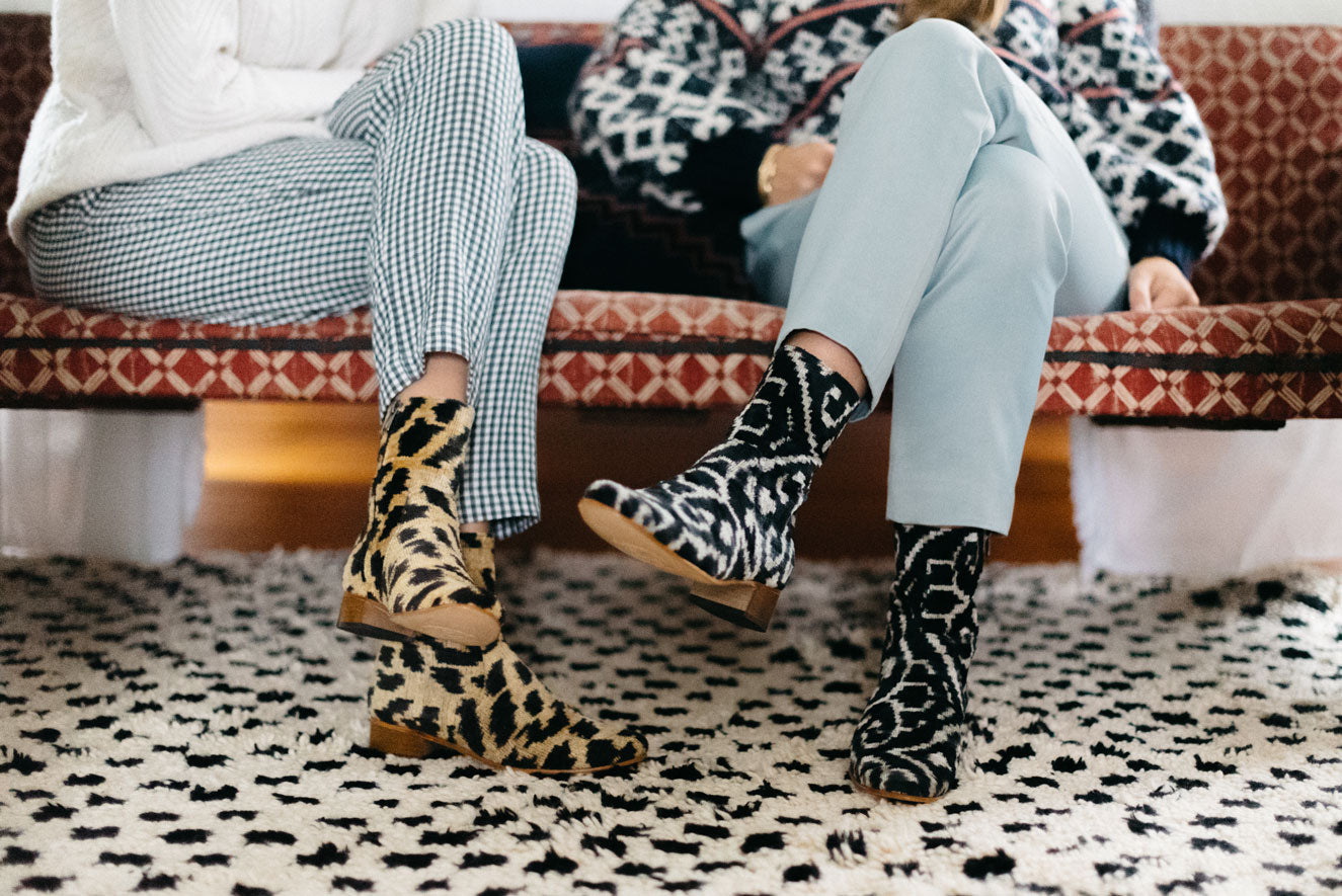 Our leopard print and black and white velvet boots worn by Milicent and her sister. 