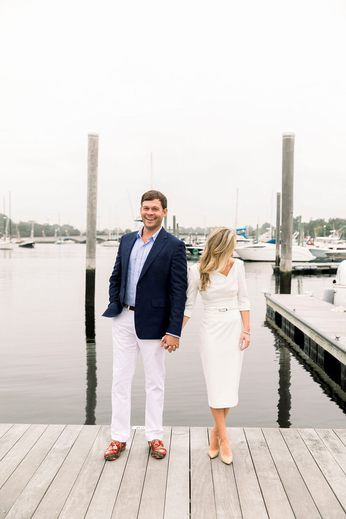 Trevor and Jackie Engagement shoot, Trevor is wearing our Men's Kilim Loafers. These photos were taken on a dock in Barrington, Rhode Island.