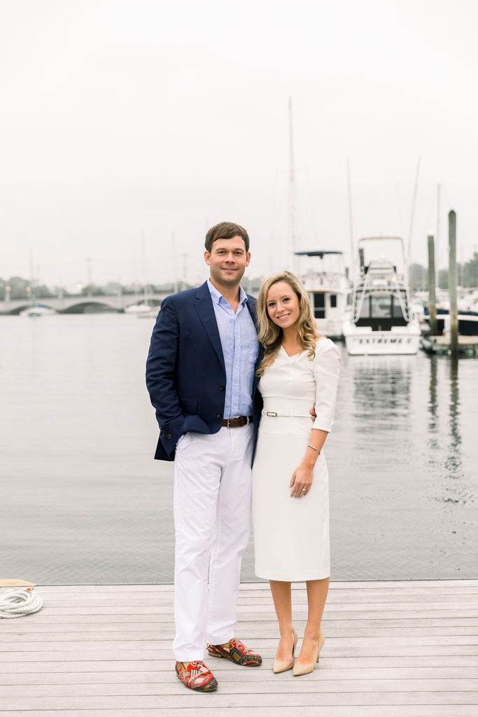 Trevor and Jackie Engagement shoot, Trevor is wearing our Men's Kilim Loafers. These photos were taken on a dock in Barrington, Rhode Island.