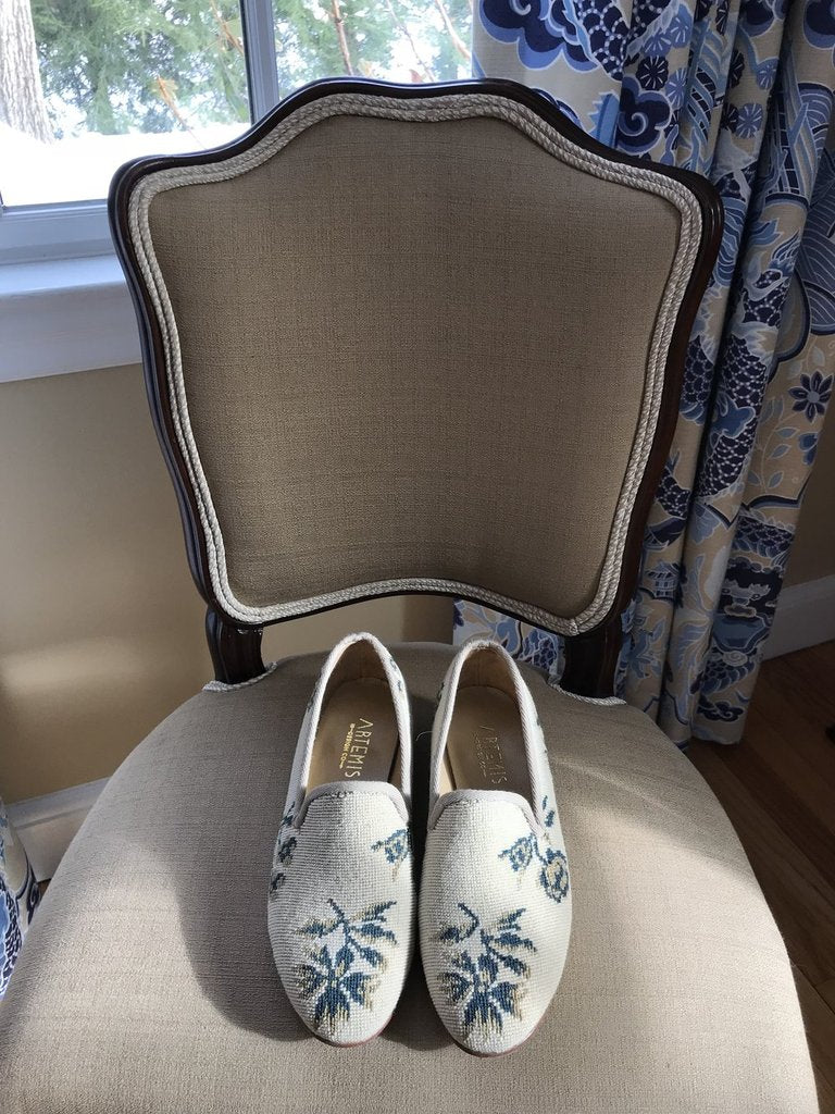 We have created a completely one-of-a-kind pair of shoes from a friends chair upholstery that her grandmother had woven by hand. It had several stains on it so she wanted to reupholster the chair, but not lose the beautiful parts of her grandmothers work.  We created a completely custom pair of smoking shoes and a small handbag for her.