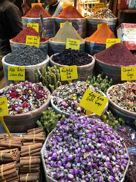 Assorted spices and laid out in Istanbul food market. 