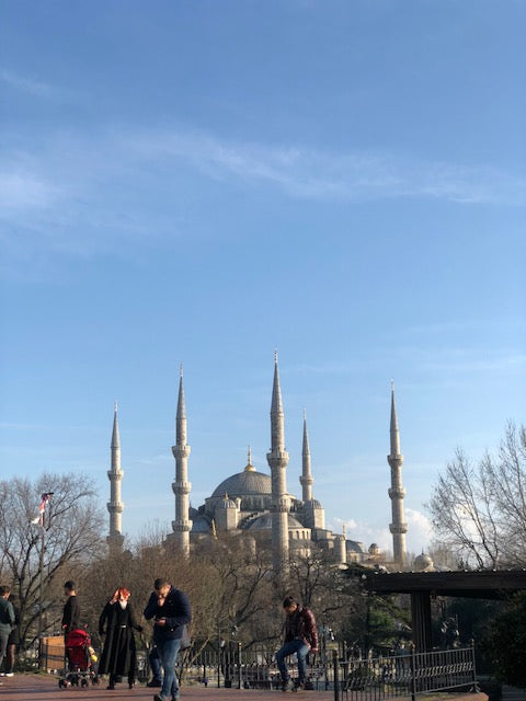Outside Blue Mosque (Sultan Ahmet Camii) in Istanbul. 