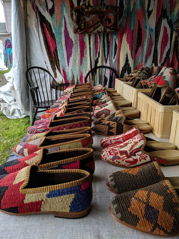 Kilim shoes and Kilim loafers at brimfield antiques fair
