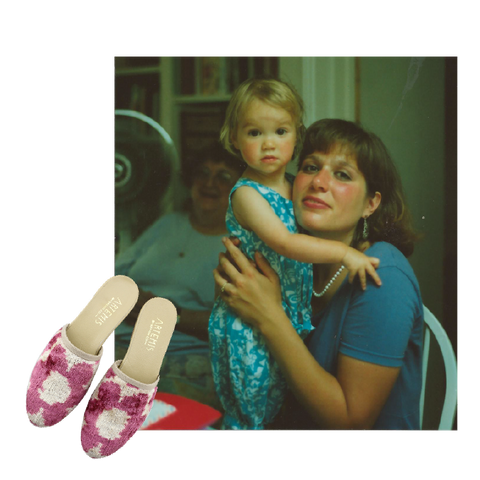 lenas mom paired with velvet slides.