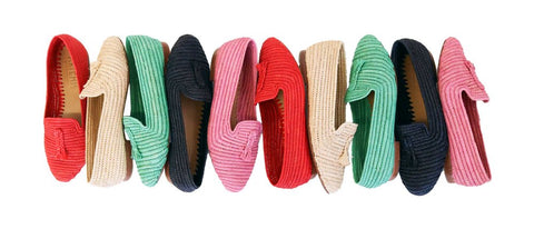 womens raffia loafers in nantucket red, tan, pink, green and black.