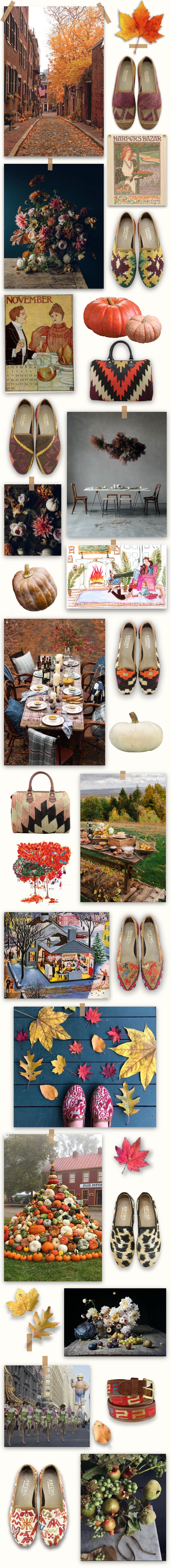 Our November mood board is made up of images that inspire us and pairs of our kilim shoes that we love.