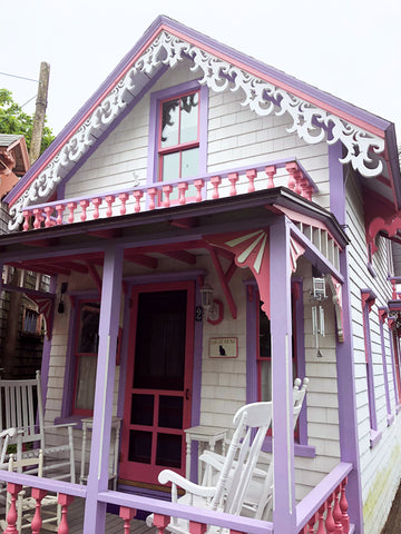 pink, purple, and white gingerbread cottage in Oak bluffs, marthas vineyard.