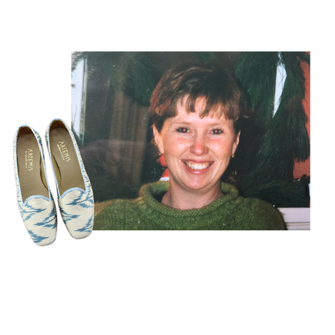 alexandras mom with blue and white silk loafers.