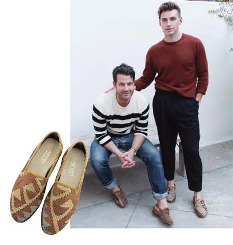 nate berkus and jeremiah brent with neutral toned mens kilim loafers