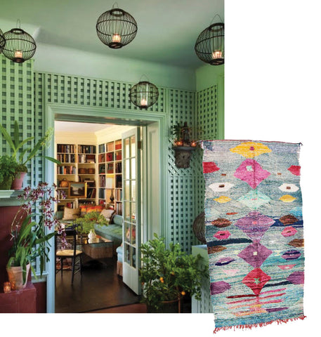 abby yozells interior design with green tones, paired with kilim rug.