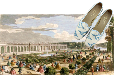 white and blue silk loafers with french revolution painting. 