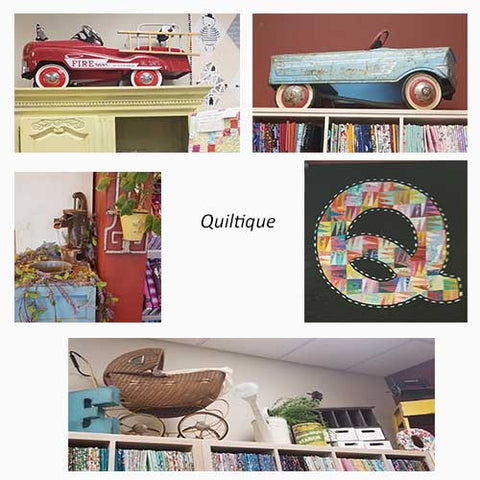 Collage of antique sewing machines toy cars at Quiltique fabric shop in Henderson, NV featured in a blog post by Jackie Vujcich of Colorado Creations Quilting