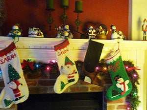 crocheted stockings by the fireplace