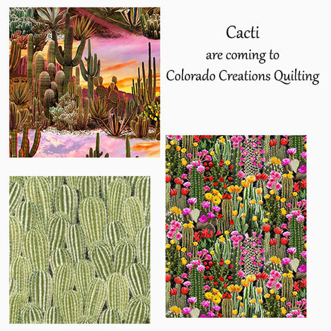 Collage of cactus cotton fabric by Timeless Treasures is available at Colorado Creations Quilting