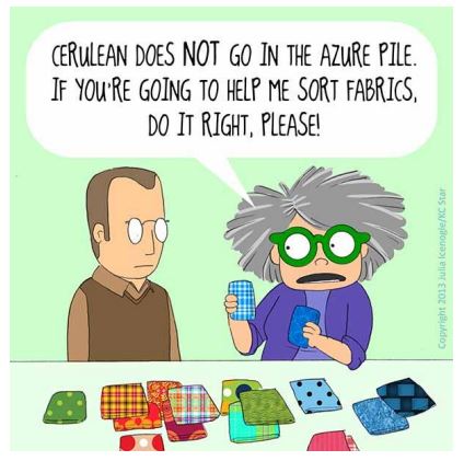 Mrs. Bobbins cartoon about sorting fabric by color