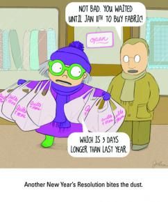 Mrs. Bobbins cartoon showing New Year's Resolution to not buy fabric for a year.