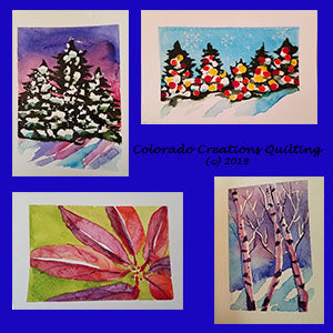 Watercolor Christmas cards designed and painted by Jackie Vujcich of Colorado Creations Quilting
