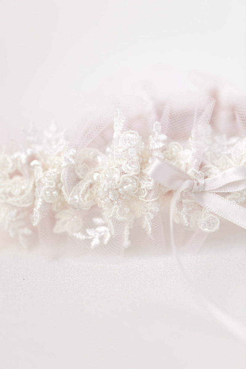 custom wedding garter ballet inspired with blush tulle and sparkle lace