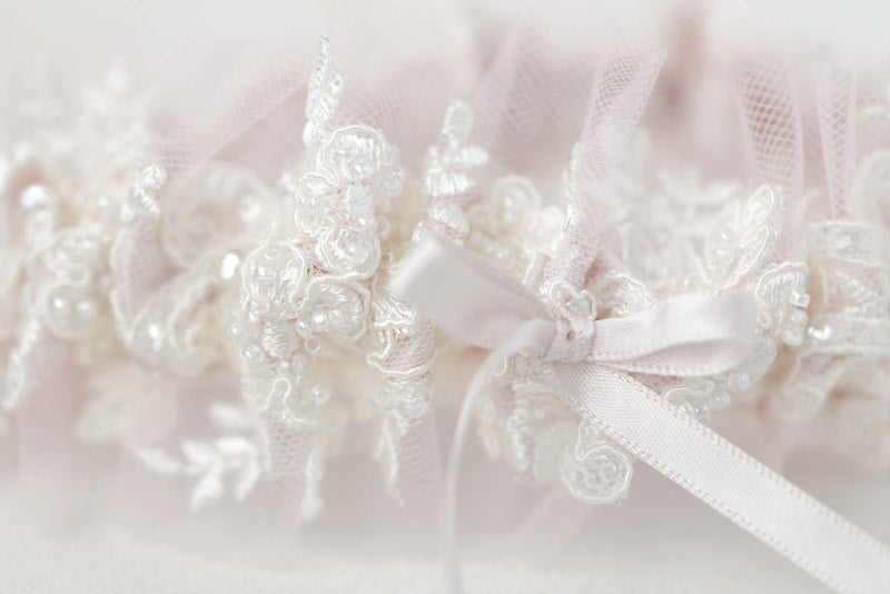 custom wedding garter ballet inspired with blush tulle and sparkle lace