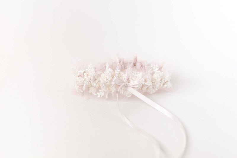 custom wedding garter ballet inspired with blush tulle and sparkle lace