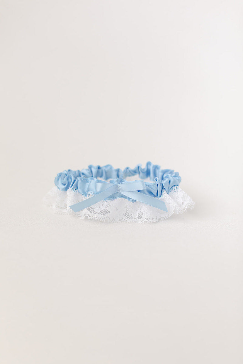 custom wedding garter with blue satin and white lace