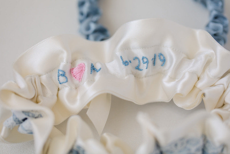 custom bridal garter set personalized with blue and lace