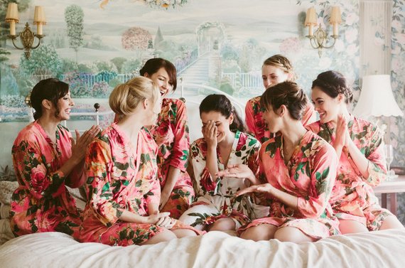 living coral wedding bride and bridesmaid robes