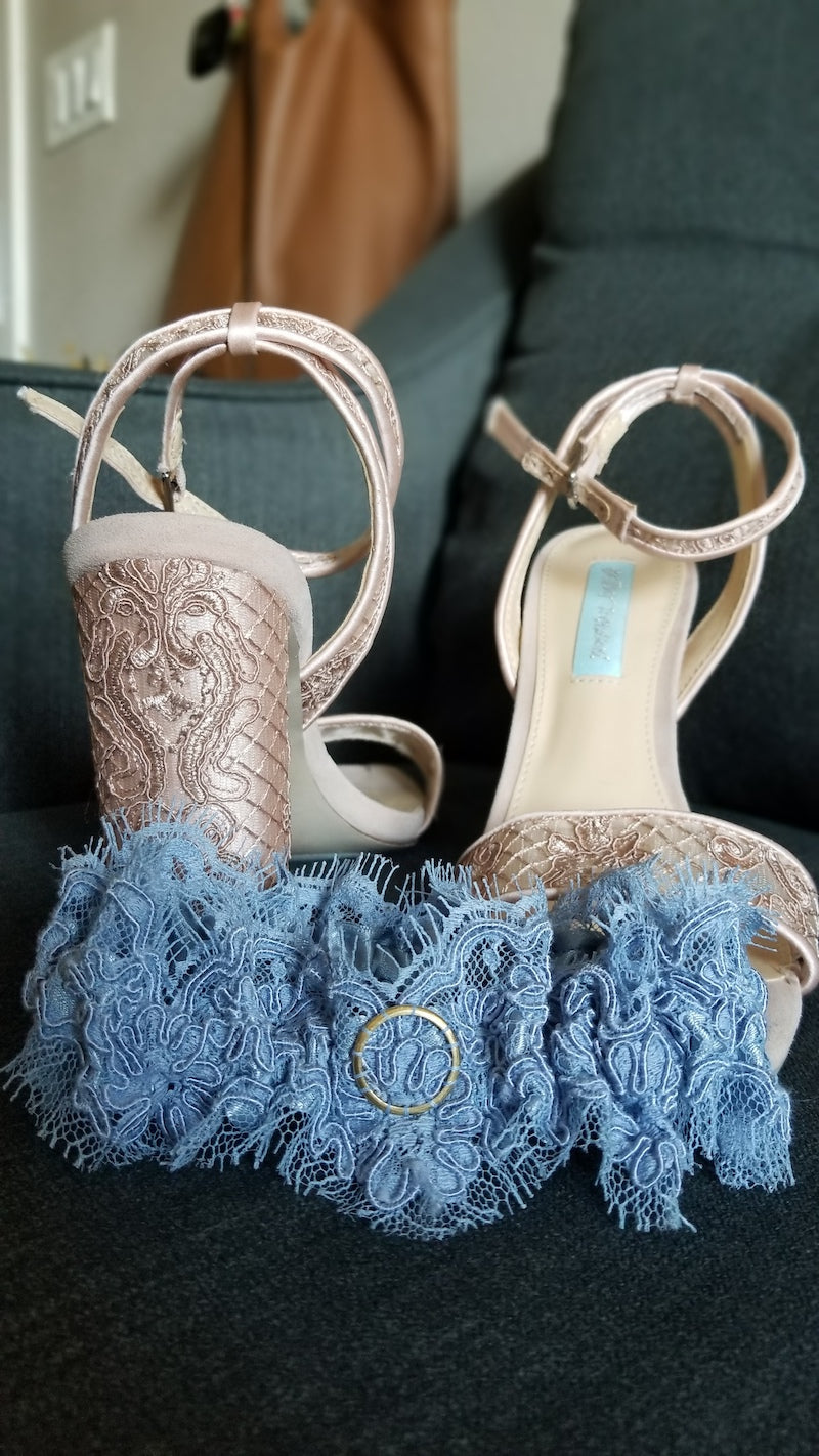 Custom Blue Lace Wedding Garter with Mom's Wedding Band Sewn In