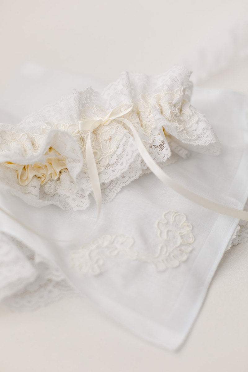 custom garter and hanky made from mother's wedding dress