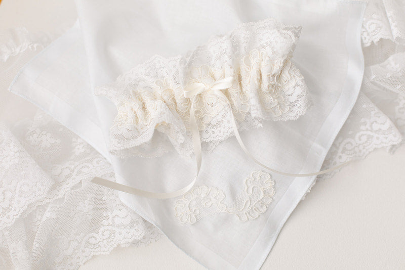 custom garter and hanky made from mother's wedding dress