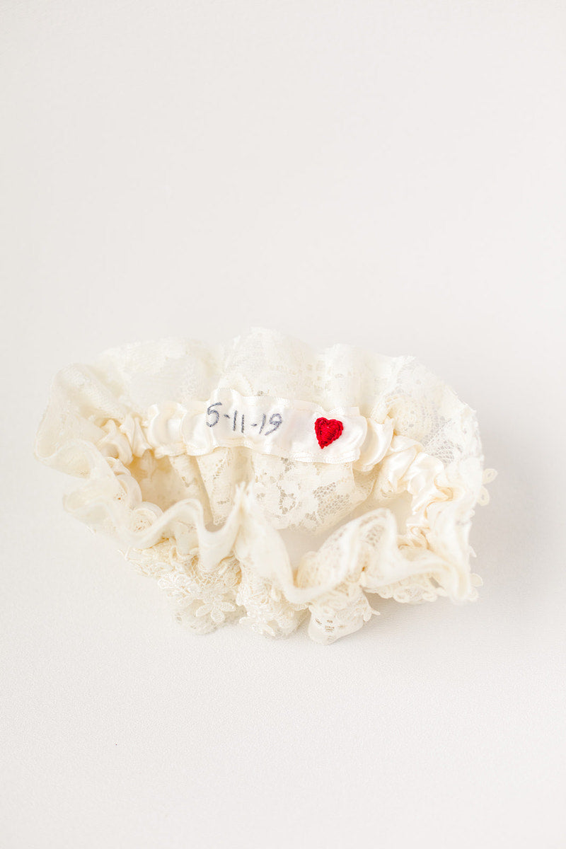 custom garter made from mother's wedding dress