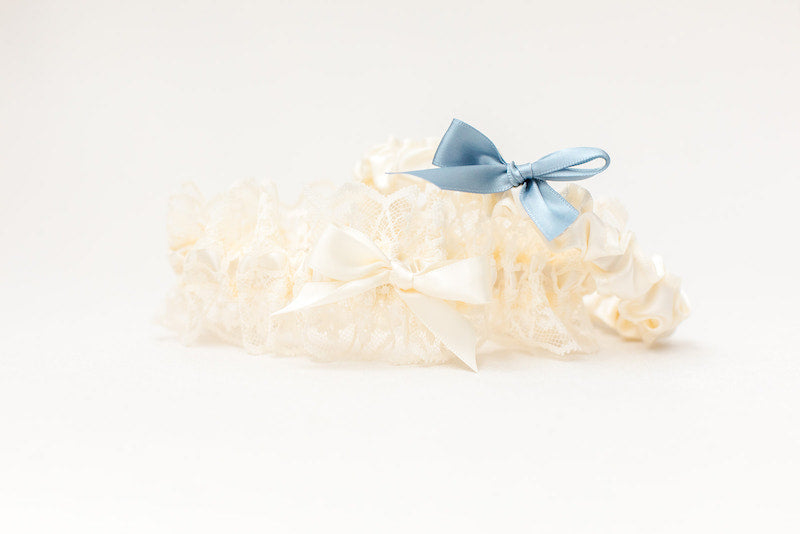custom garter set with ivory lace and dusty blue