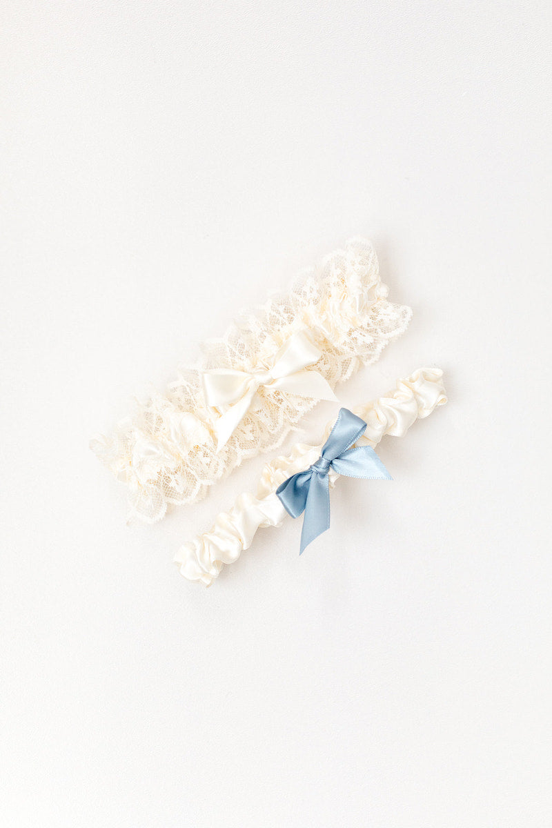 custom garter set with ivory lace and dusty blue