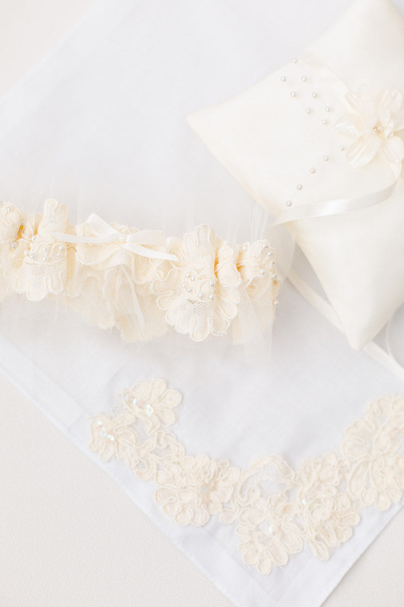 custom hankie and garter made from mom's wedding dress