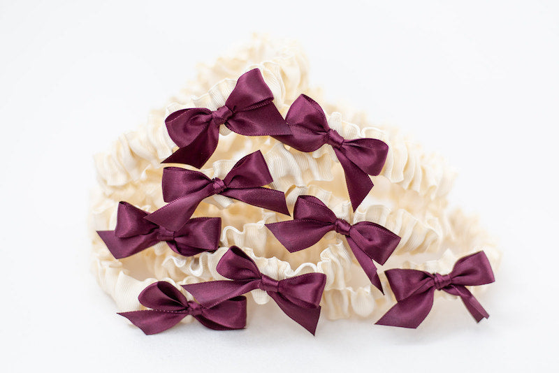 custom tossing garter for wedding party with wine satin and ivory grosgrain