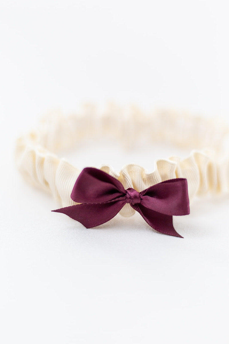 custom tossing garter for wedding party with wine satin and ivory grosgrain