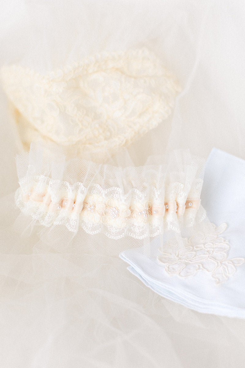 wedding garter and handkerchief made from bride's mother's veil