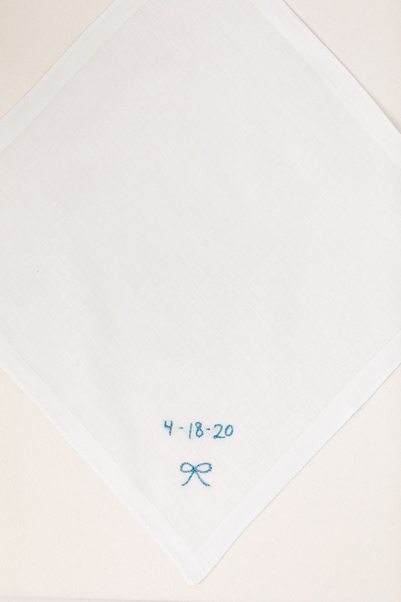 custom wedding hanky with something blue date embroidered