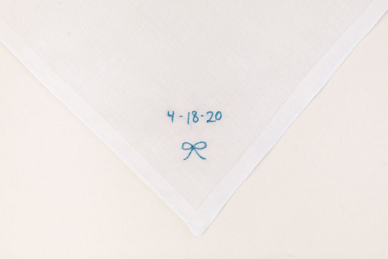 custom wedding hanky with something blue date embroidered