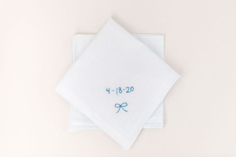 custom wedding hanky with something blue date embroidered