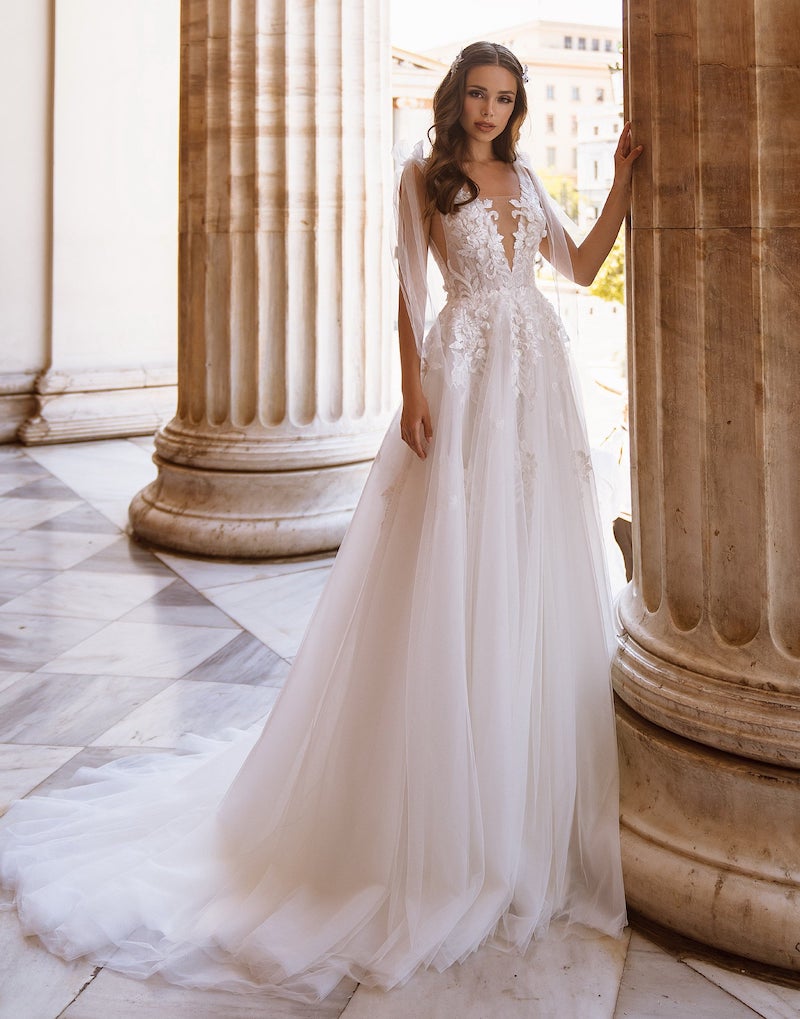 Deep V Neck Lace and Tulle Wedding Dress