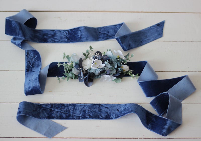 Dusty Blue Velvet Floral Wedding Dress Sash
