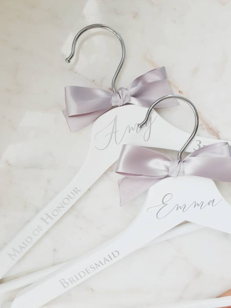 Feminine Wedding Dress Hanger in White and Silver with Bow