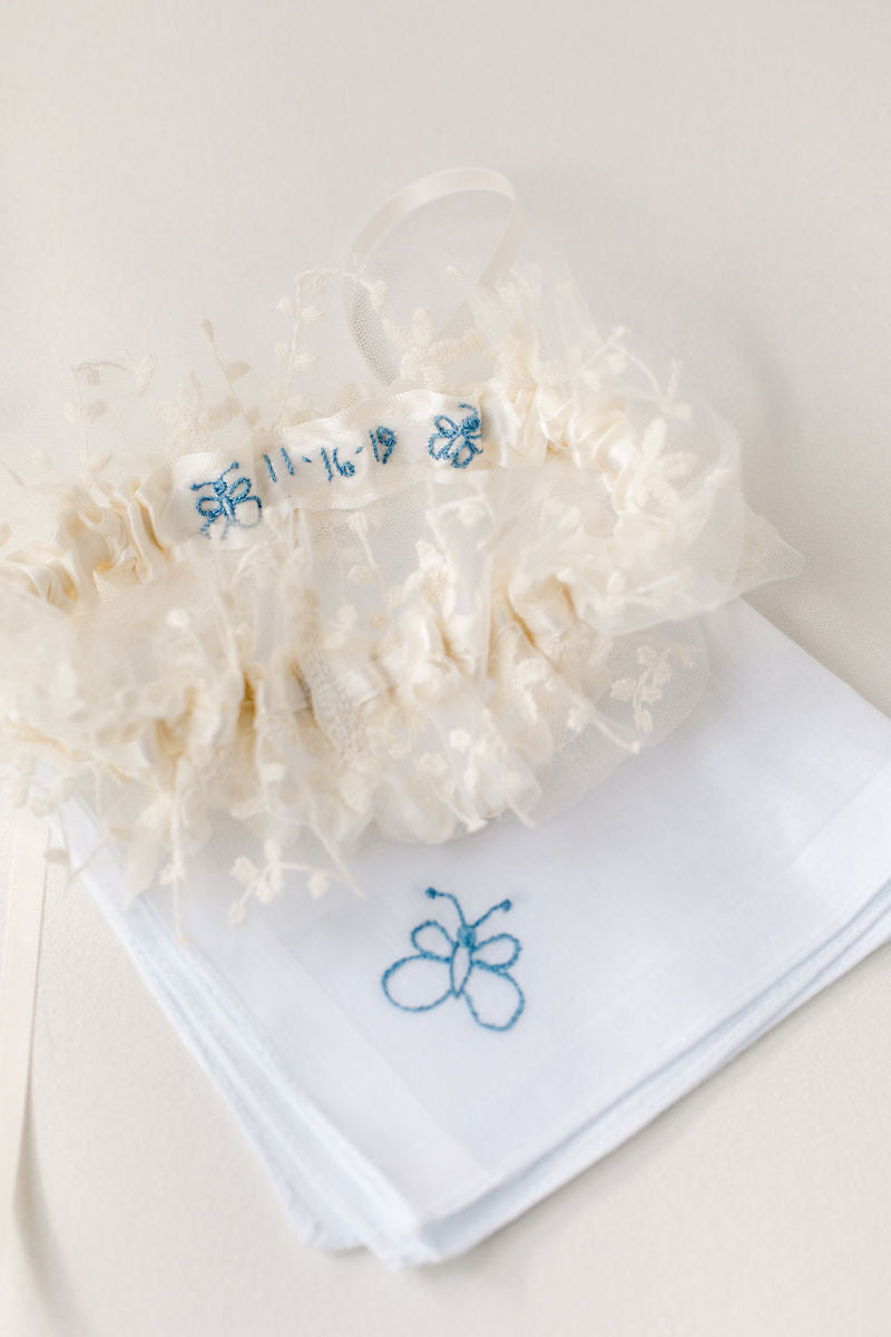 personalized wedding garter set and handkerchief with custom butterfly embroidery