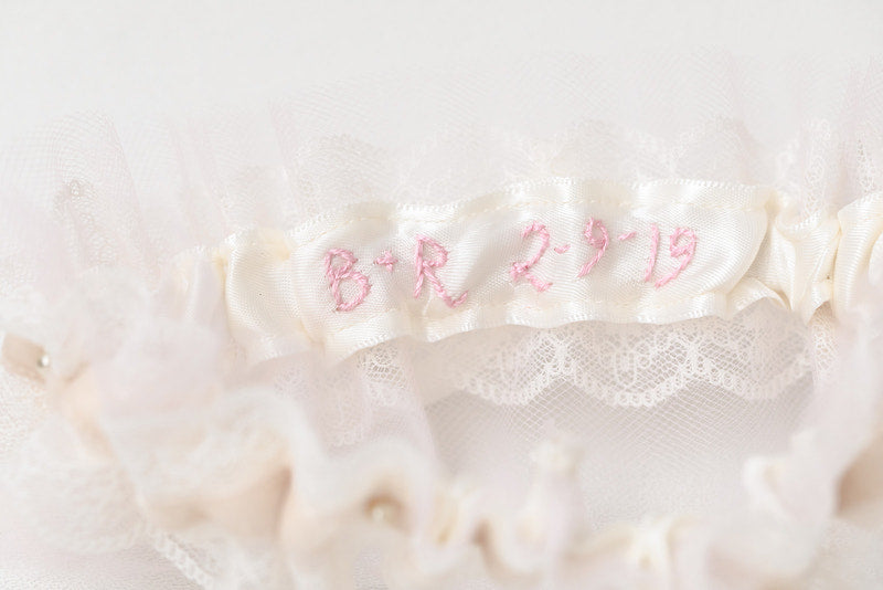 custom garter with blush tulle, velvet, pearls and hand embroidered on the inside by The Garter Girl