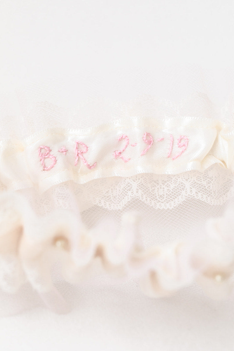 custom garter with blush tulle, velvet, pearls and hand embroidered on the inside by The Garter Girl