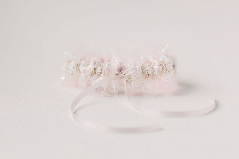 blush tulle and sparkle lace wedding garter set heirloom from The Garter Girl